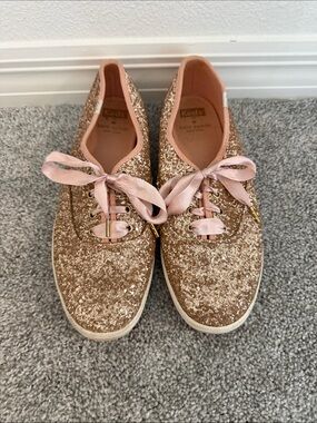kate spade Glitter Rose Gold Sneakers with Pink Satin Laces